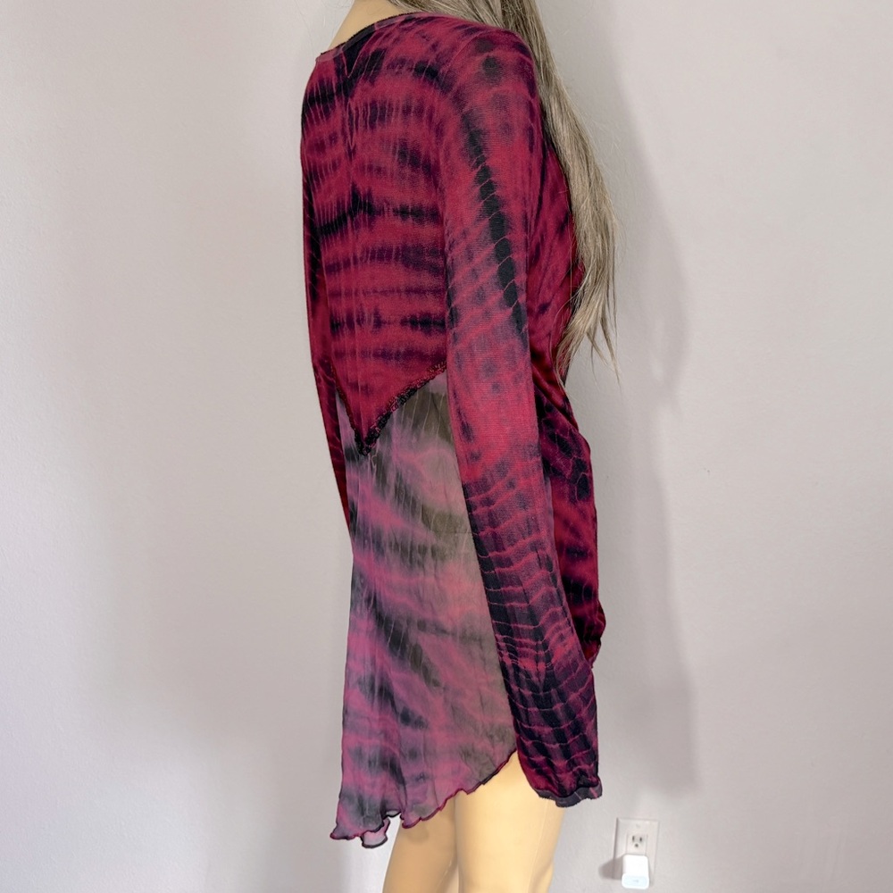 MEZON Designer Red & Black Tie Dye High Low Shirt Sz L Sheer Back Long Sleeve
